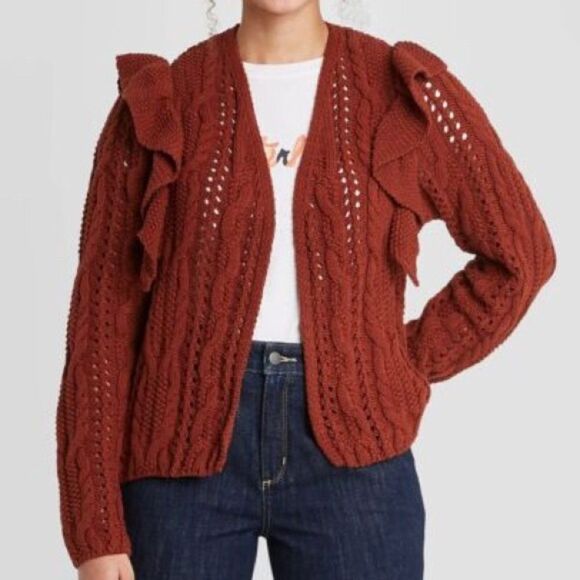 🆕 UNIVERSAL‎ THREAD Crochet Ruffle Cardigan Open Front Rust Womens Size 4X NWT - Picture 1 of 8
